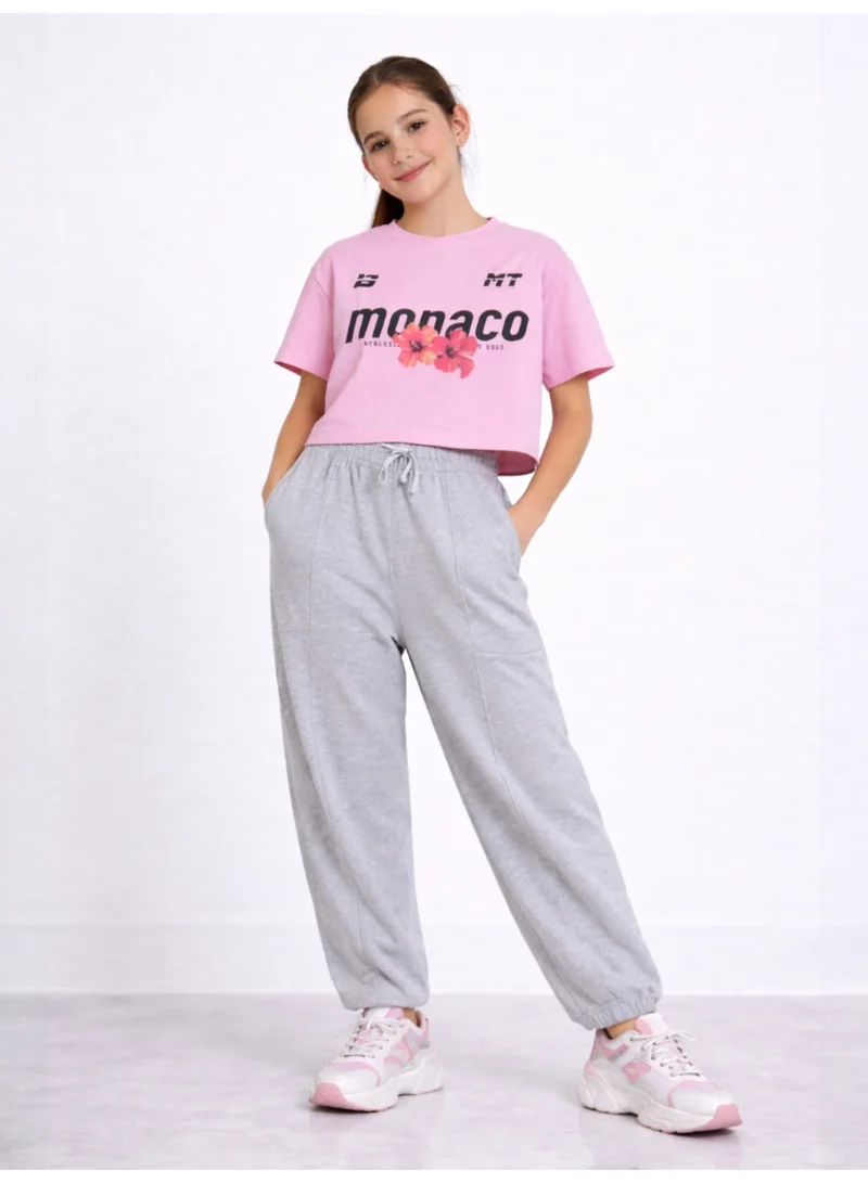 Girls 3 Pc Set Monaco Print T-Shirt & Barrel Pants Set – Pink & Grey Melange